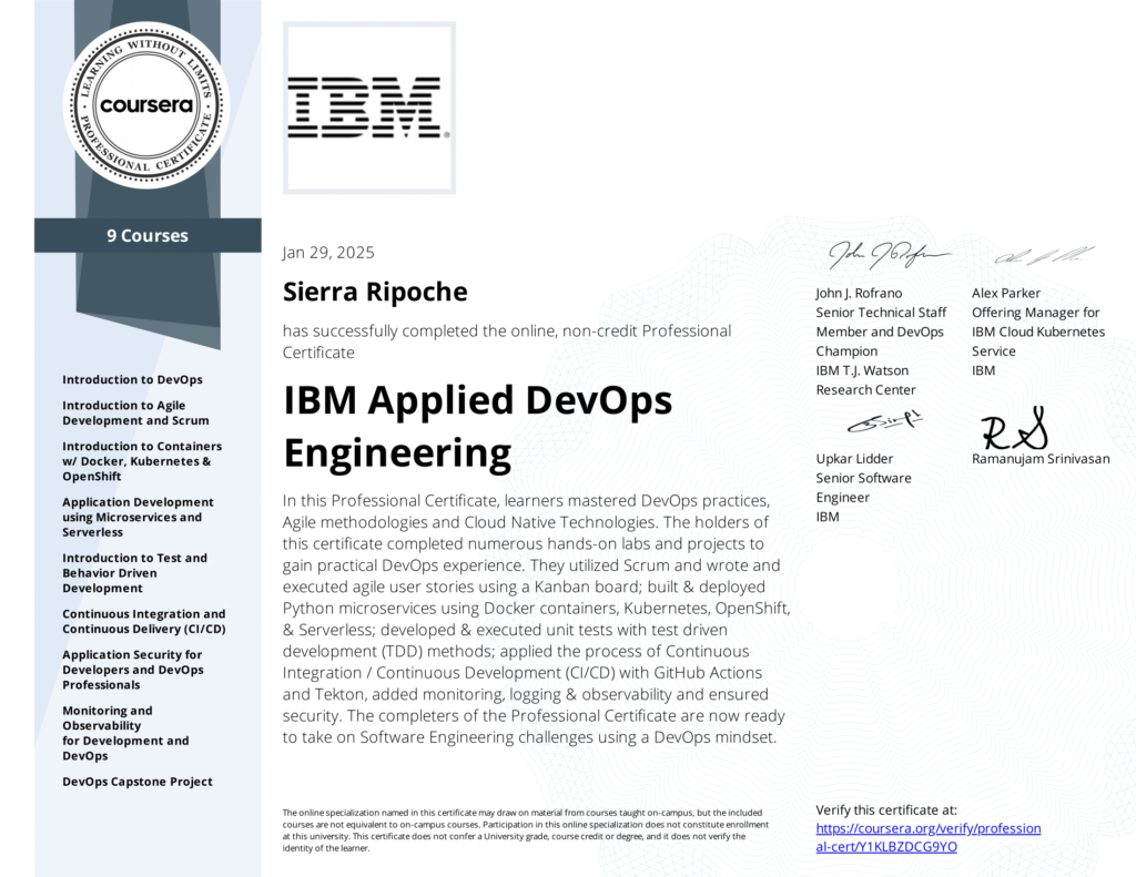 Photo of professional certificate DevOps Applied Engineering from IBM