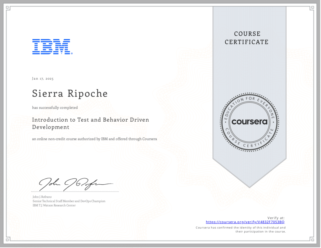 Photo of my TDD and BDD certificate from IBM (PDF to PNG and compressed)