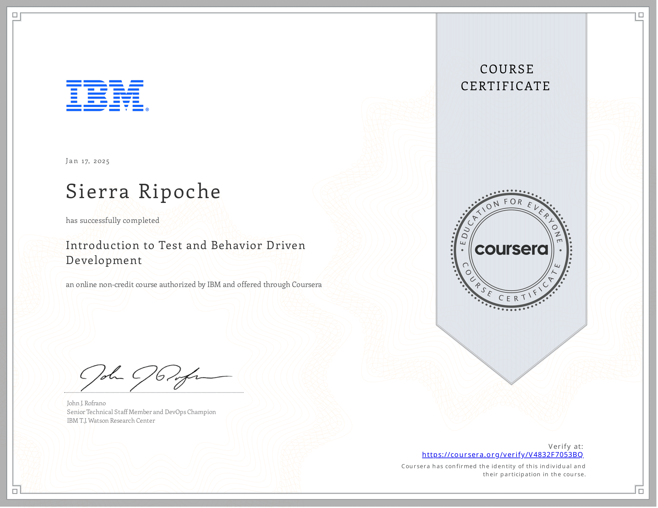 Photo of my TDD and BDD certificate from IBM (PDF to PNG and compressed)