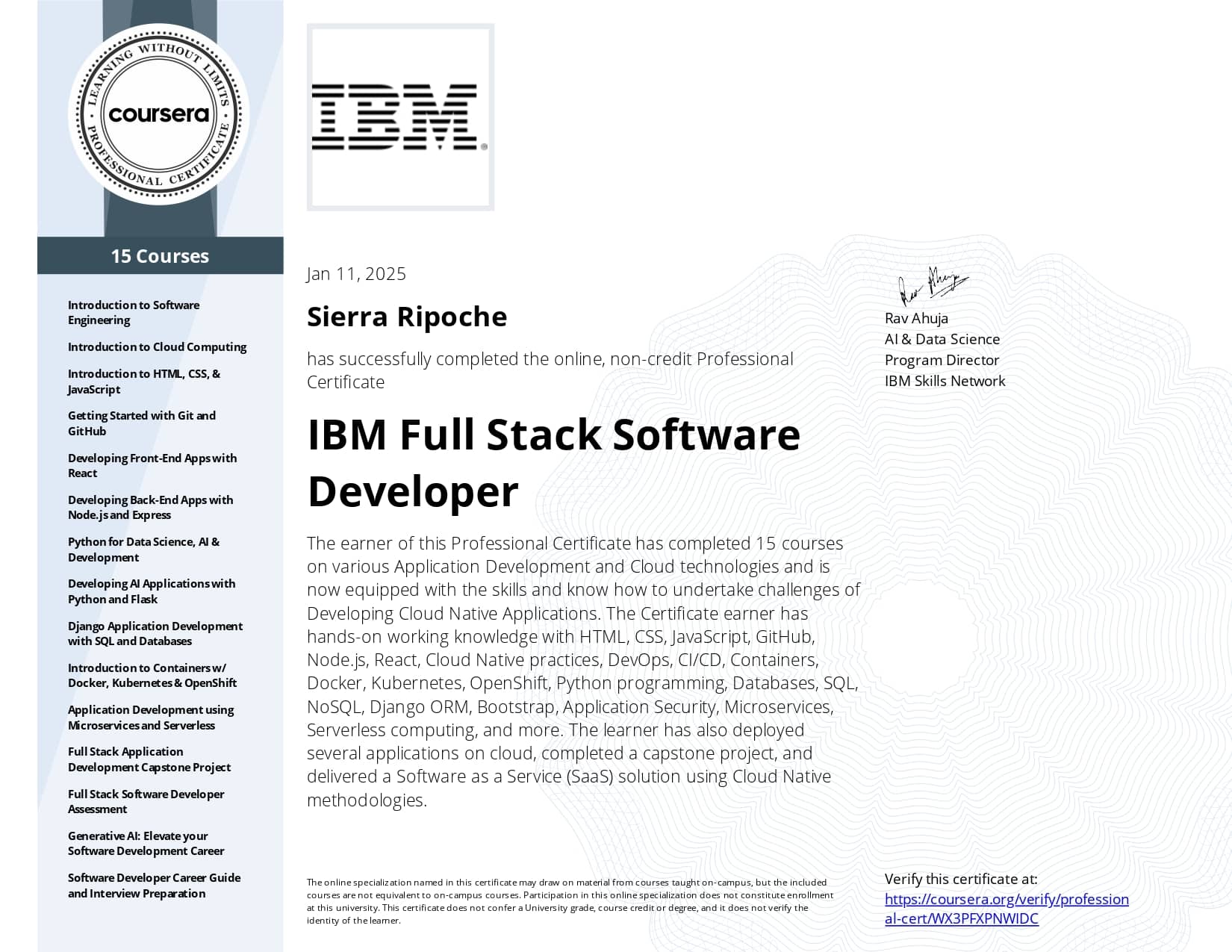 Image of the Fullstack software developer IBM specialization certificate